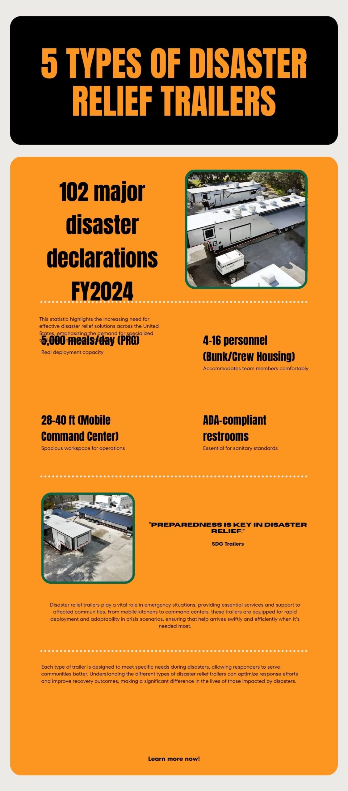 Infographic: 5 Types of Disaster Relief Trailers - mobile kitchen, mobile command center, emergency response, bunk housing, and sanitation t