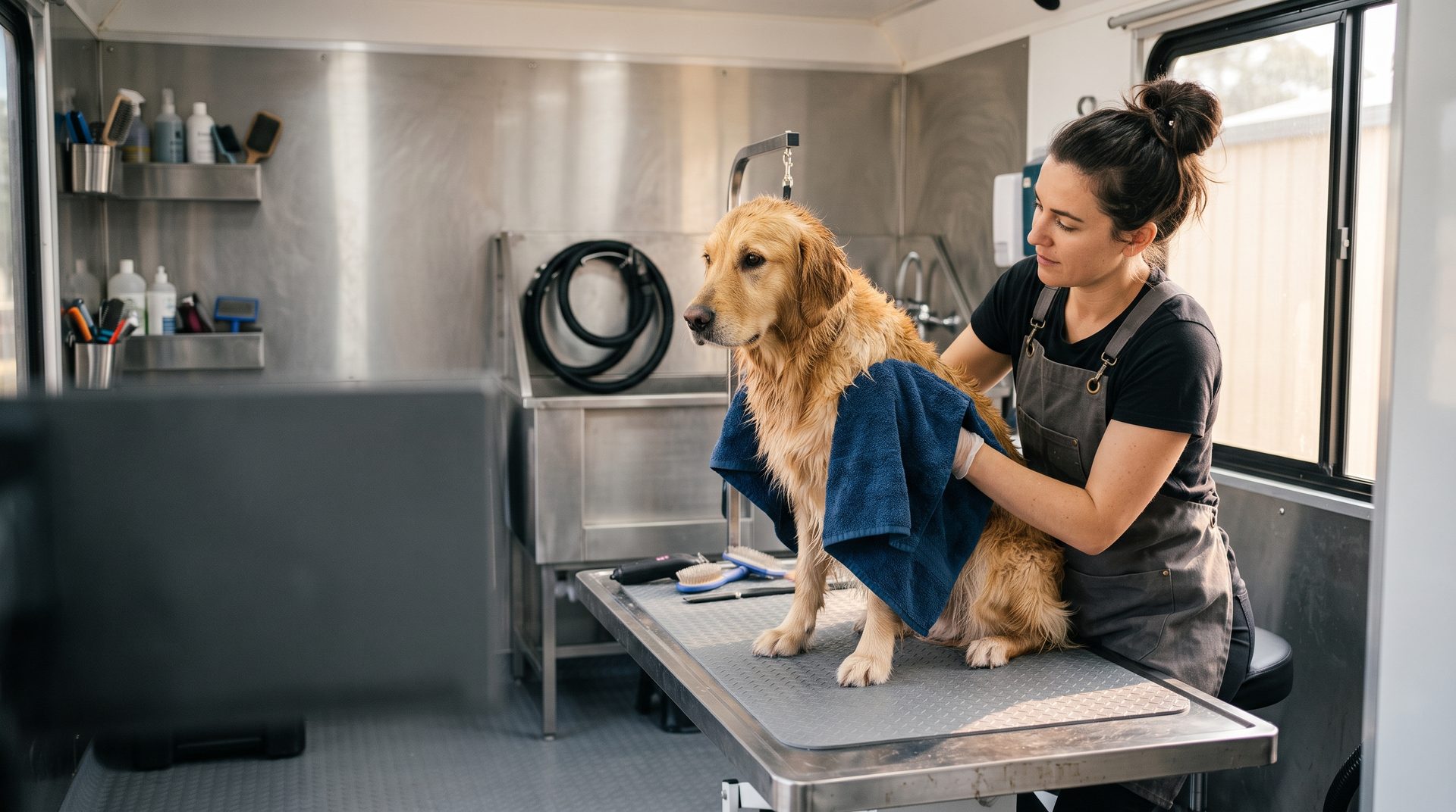 A groomer towel-drying a golden retriever on a stainless table inside a mobile grooming trailer